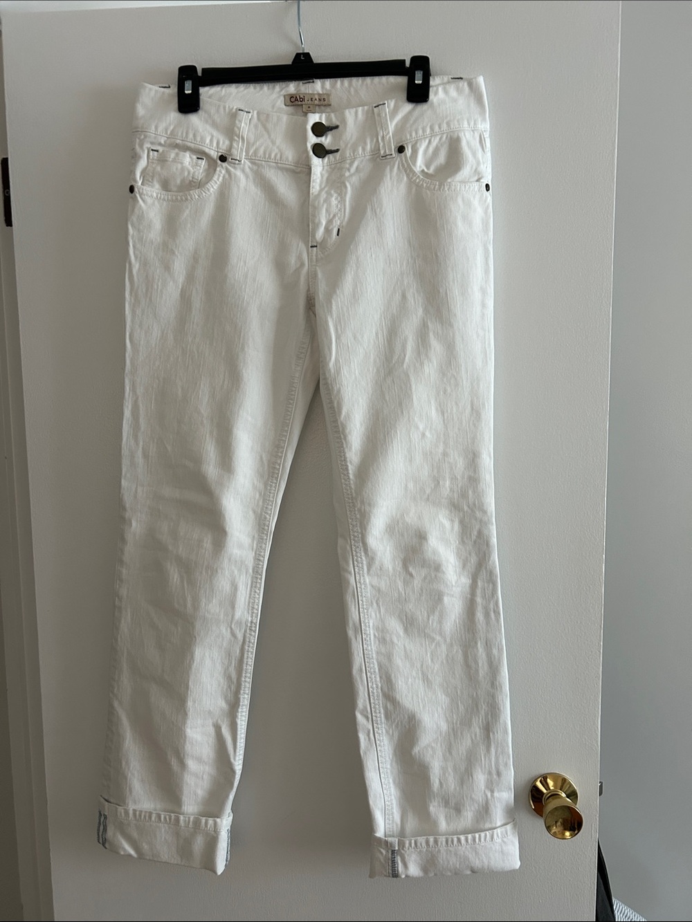 CAbi White Cropped Straight Jeans with Cuffed Hem